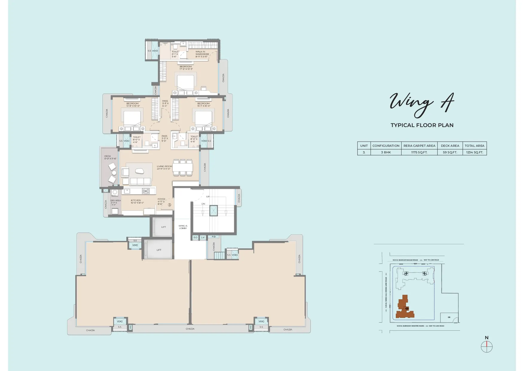 Arkade Evoke Wing A 3 BHK typical floor plan