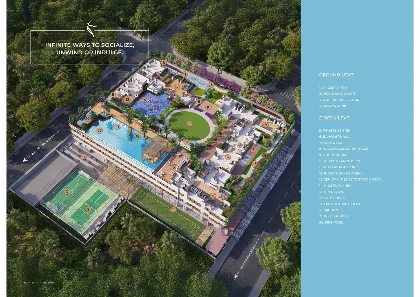 Arkade Evoke Goregaon West eco deck amenities plan with pool, courts and leisure zones