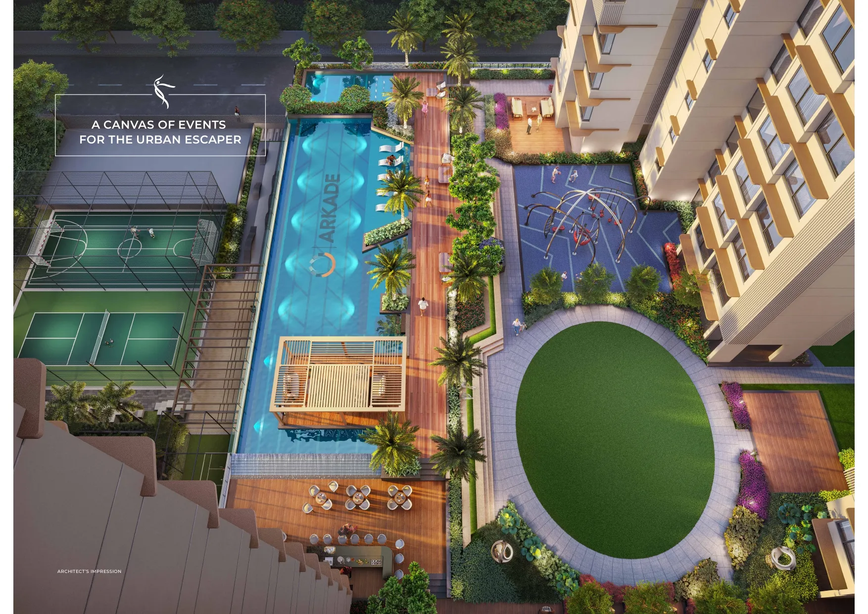 Arkade Evoke lap pool with deck and open lawn at Goregaon West